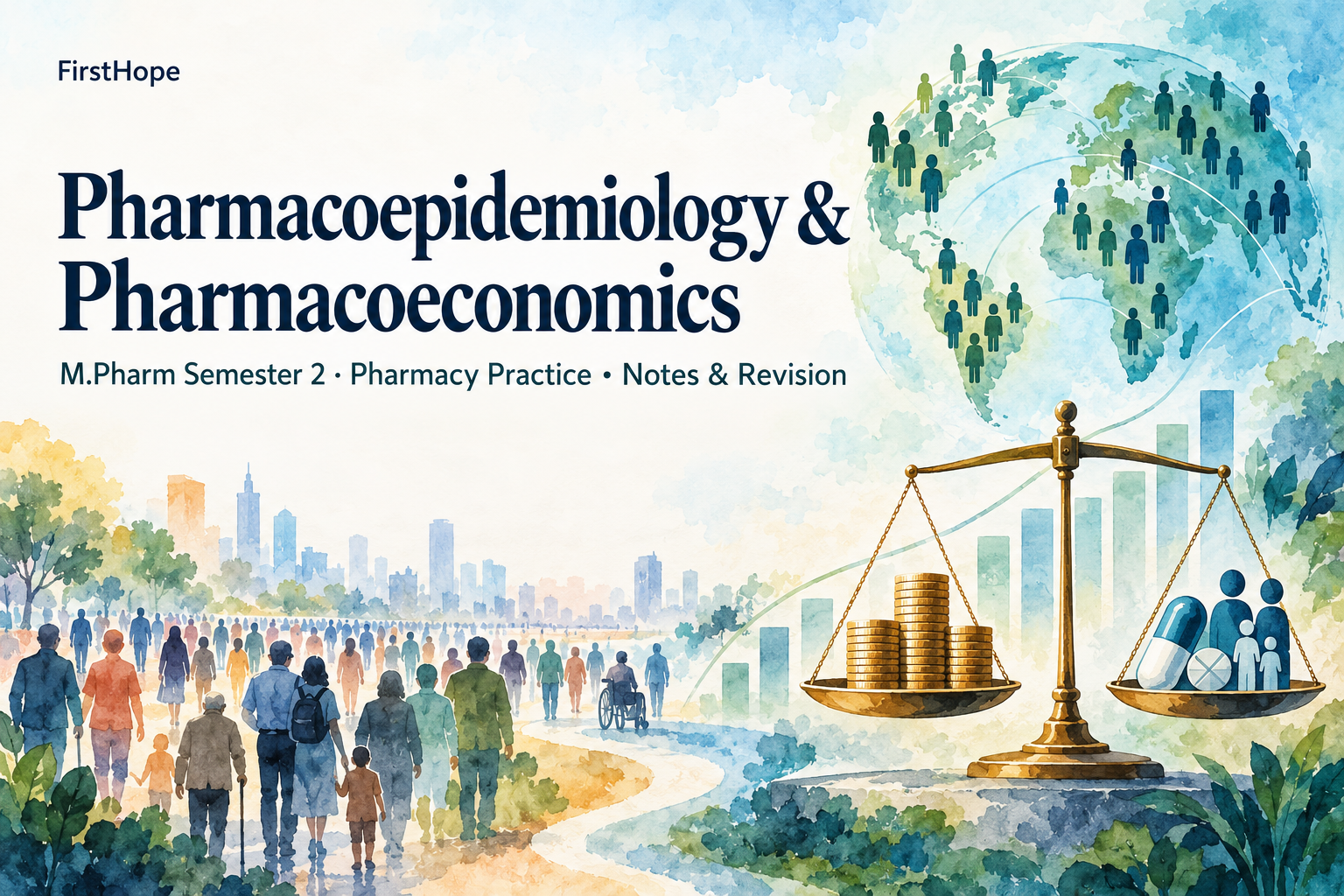ink and watercolour cover titled Pharmacoepidemiology & Pharmacoeconomics, with M.Pharm Semester 2 · Pharmacy Practice Notes & Revision and FirstHope branding.
