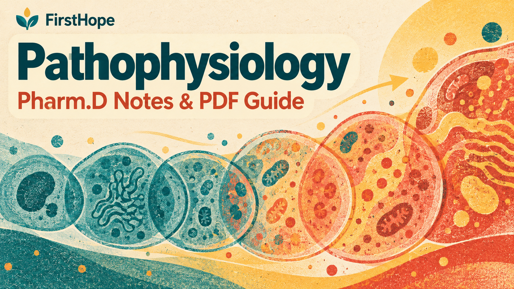 Risograph cellular landscape cover titled Pathophysiology, with Pharm.D Notes & PDF Guide and FirstHope branding.