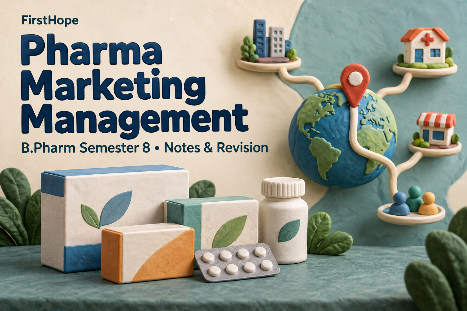 clay sculpture cover titled Pharma Marketing Management, with B.Pharm Semester 8 Notes & Revision and FirstHope branding.