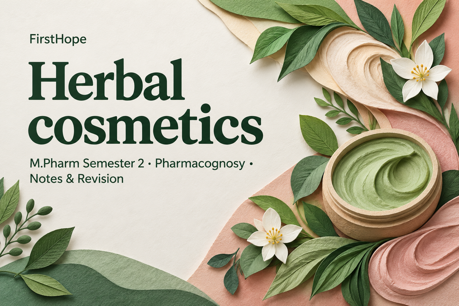 layered paper art cover titled Herbal cosmetics, with M.Pharm Semester 2 · Pharmacognosy Notes & Revision and FirstHope branding.