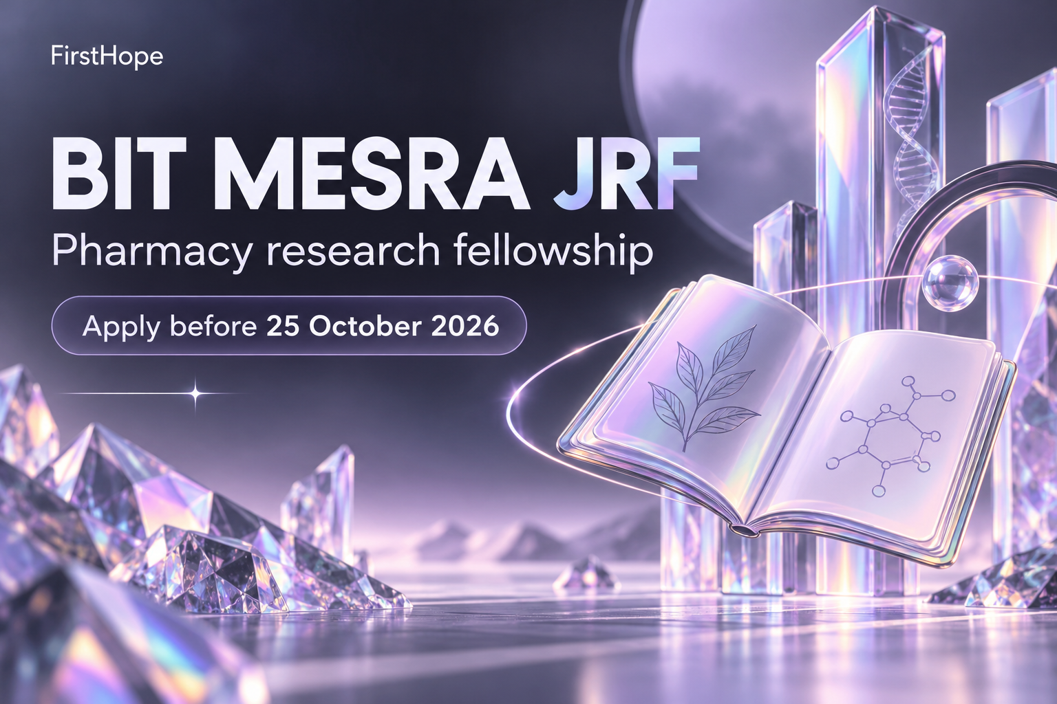 Iridescent glass and crystal artwork reading BIT Mesra JRF, Pharmacy research fellowship and Apply before 25 October 2026.