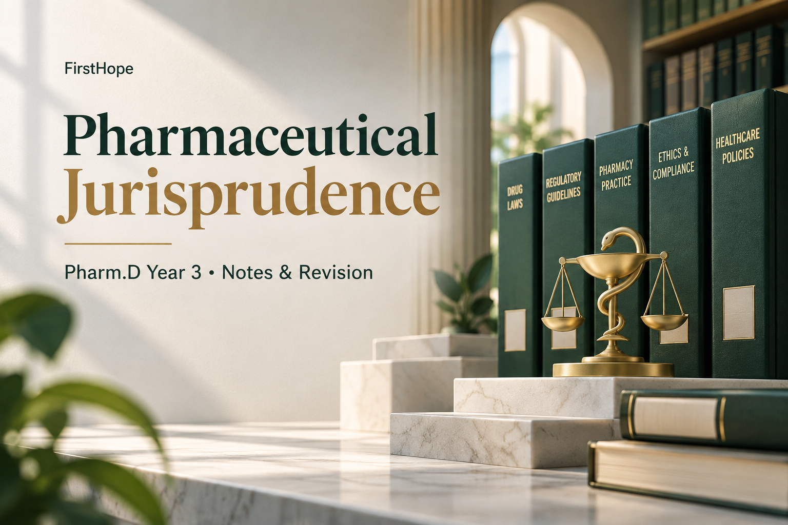 architectural model cover titled Pharmaceutical Jurisprudence, with Pharm.D Year 3 Notes & Revision and FirstHope branding.