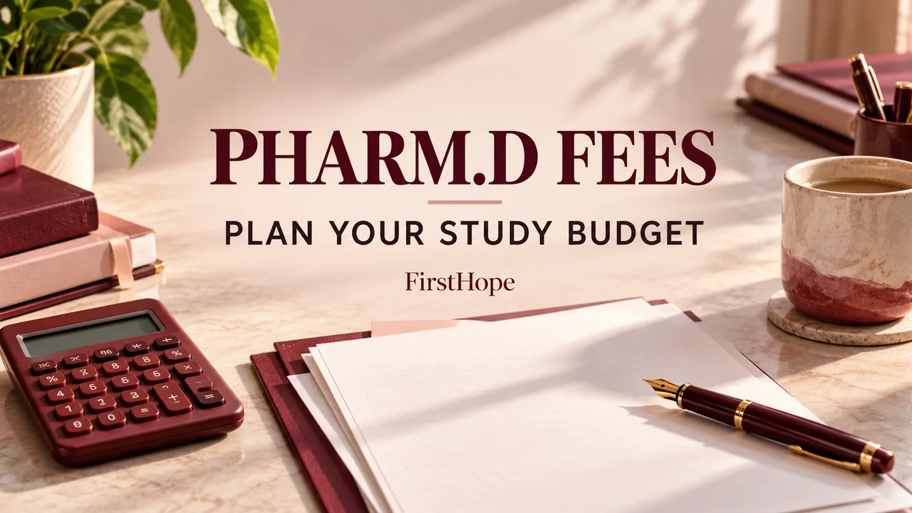 Pharm.D fees cover with a calculator and admission papers, reading PHARM.D FEES — PLAN YOUR STUDY BUDGET.