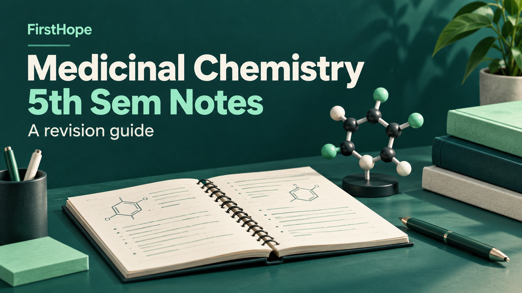 FirstHope Medicinal Chemistry 5th Sem Notes cover with a chemistry notebook, books and a molecular model.
