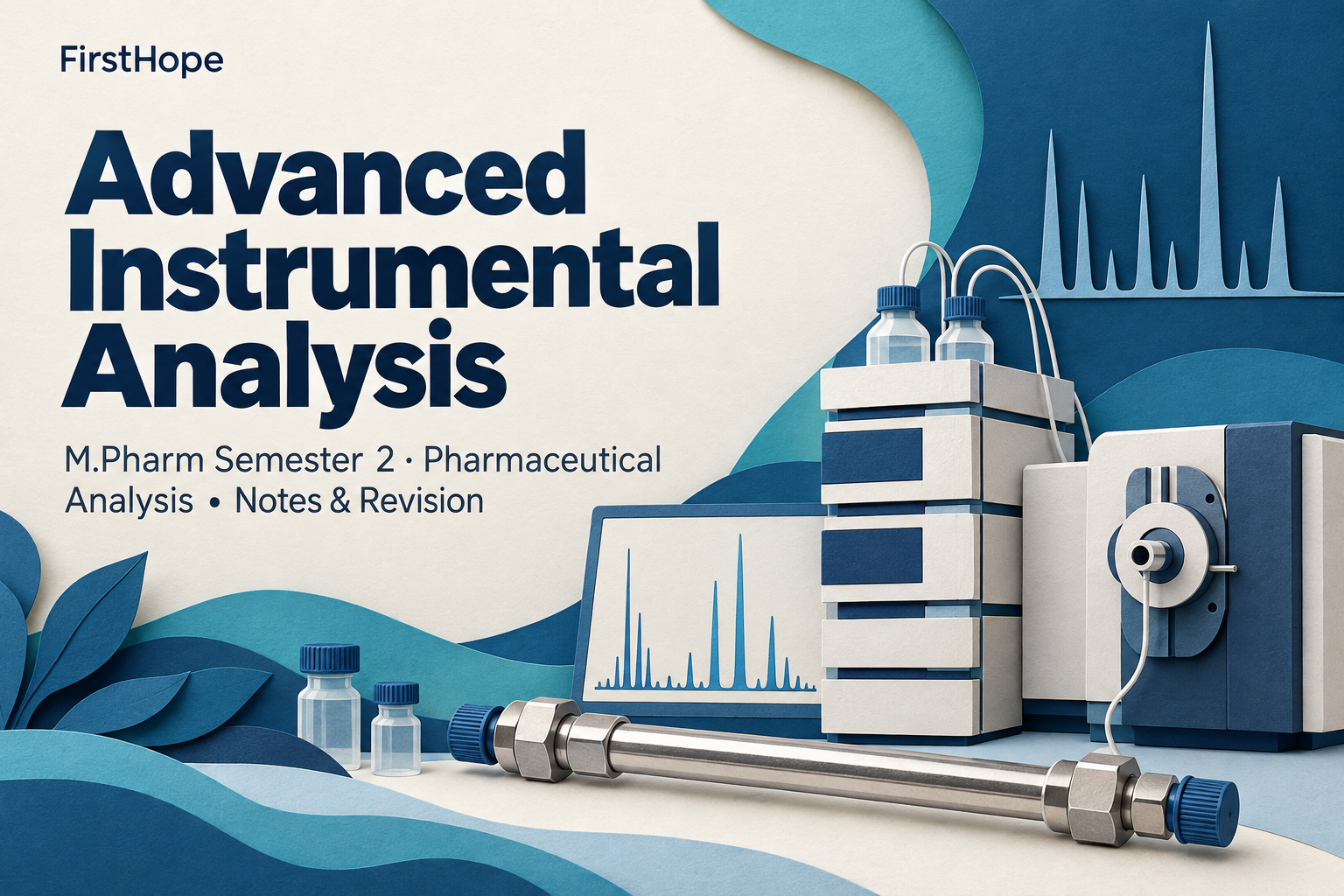 layered paper art cover titled Advanced Instrumental Analysis, with M.Pharm Semester 2 · Pharmaceutical Analysis Notes & Revision and FirstHope branding.