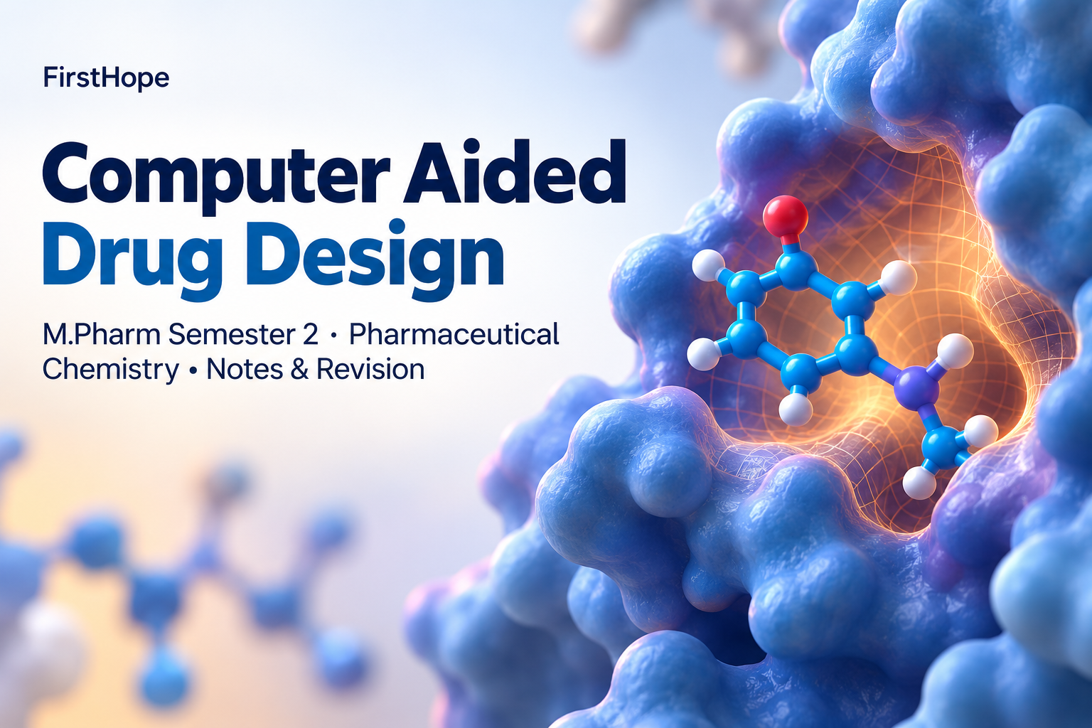 vivid 3D abstract cover titled Computer Aided Drug Design, with M.Pharm Semester 2 · Pharmaceutical Chemistry Notes & Revision and FirstHope branding.