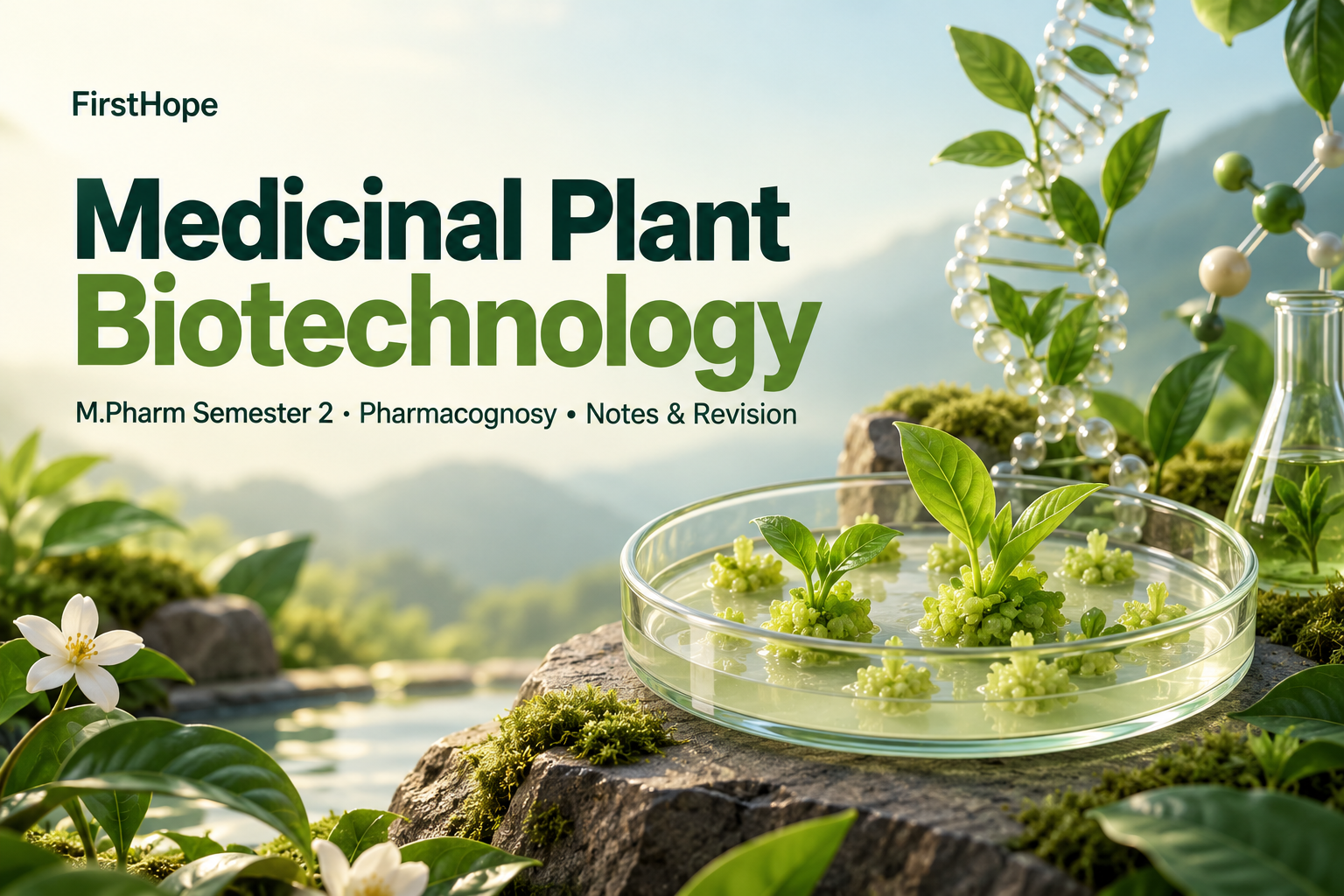 vivid 3D abstract cover titled Medicinal Plant Biotechnology, with M.Pharm Semester 2 · Pharmacognosy Notes & Revision and FirstHope branding.