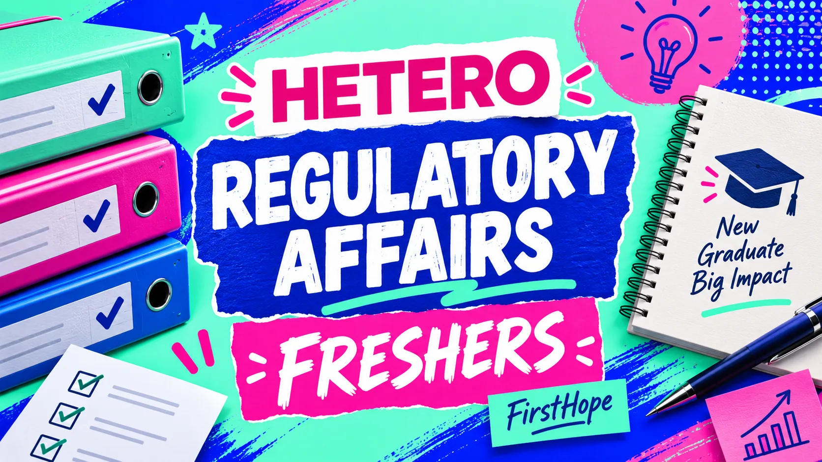 Hetero, Hyderabad Regulatory Affairs Fresher recruitment cover with clear text and a distinct editorial illustration, FirstHope.