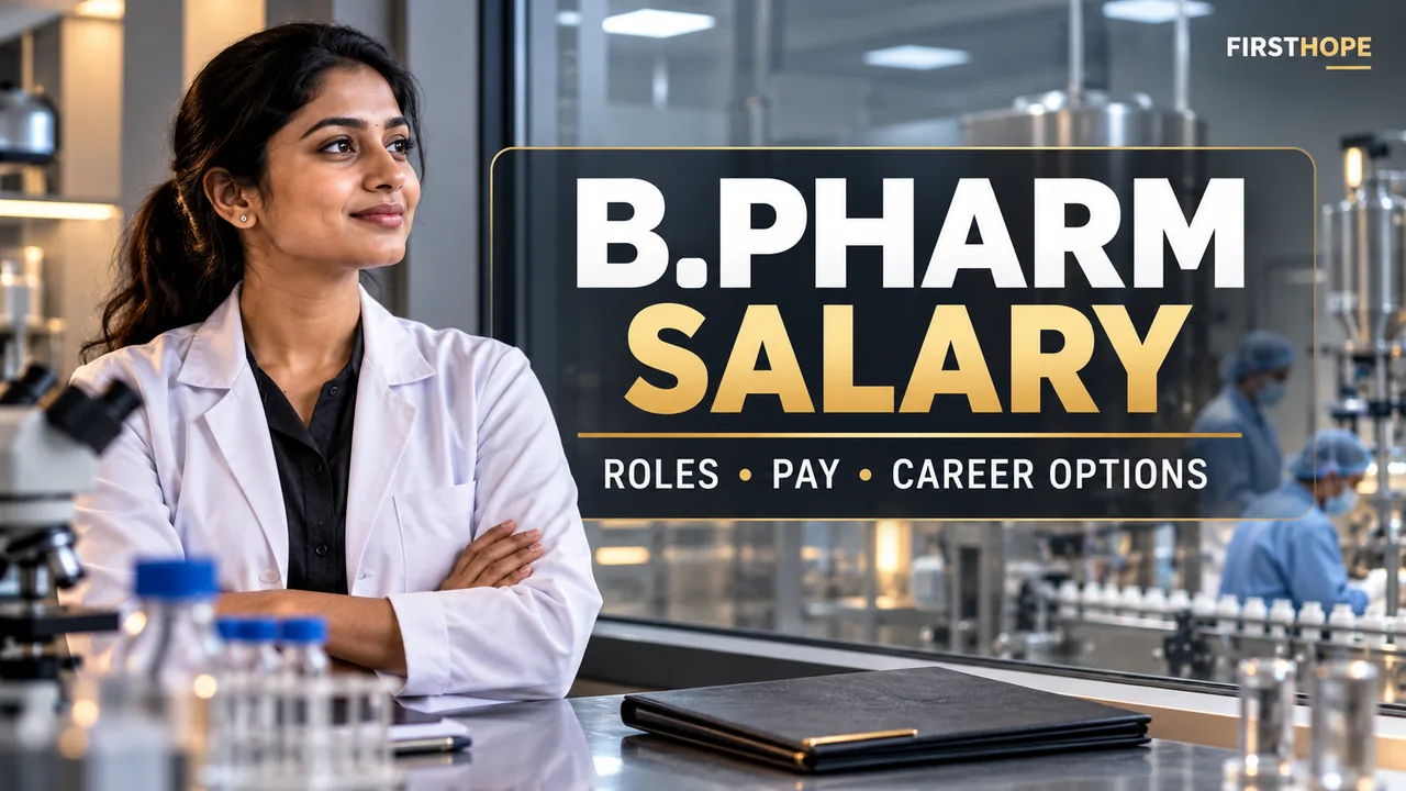 B.PHARM SALARY — ROLES, PAY AND CAREER OPTIONS beside a pharmacy graduate in a quality-control laboratory.