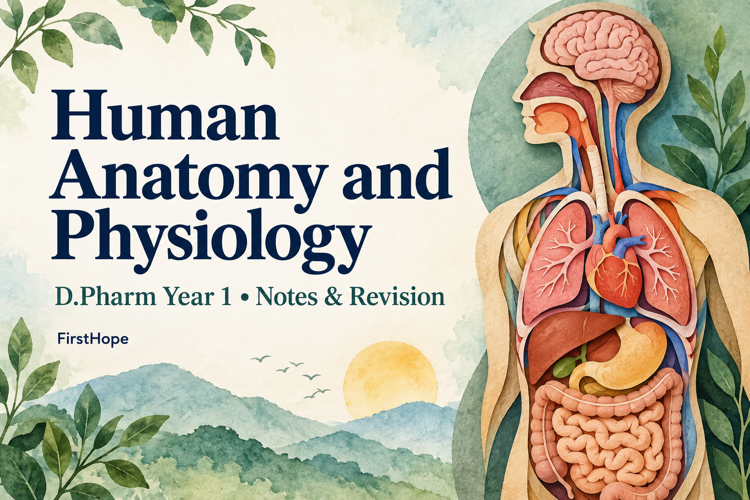ink and watercolour cover titled Human Anatomy and Physiology, with D.Pharm Year 1 Notes & Revision and FirstHope branding.