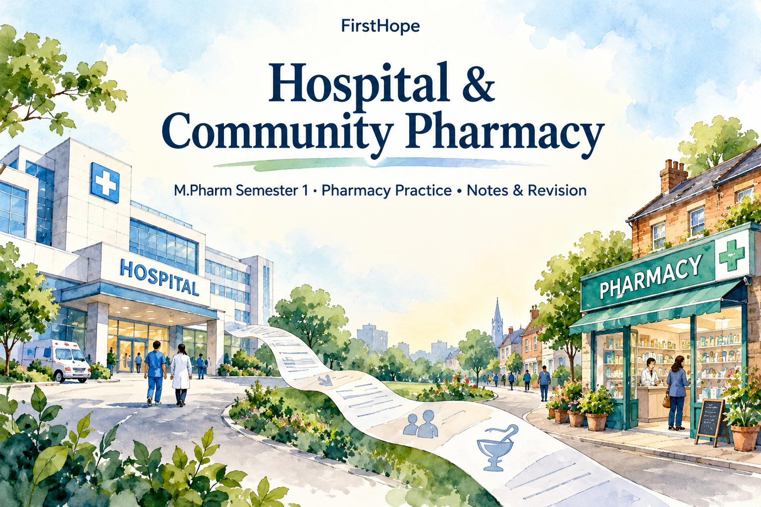 ink and watercolour cover titled Hospital & Community Pharmacy, with M.Pharm Semester 1 · Pharmacy Practice Notes & Revision and FirstHope branding.