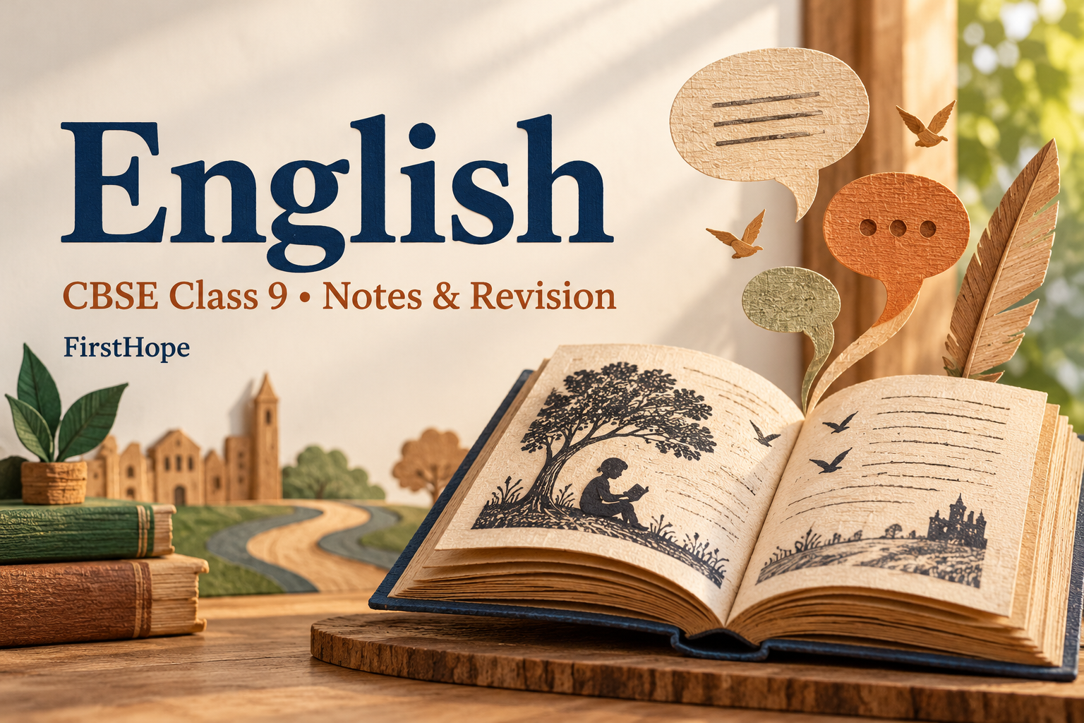 wood and woven paper cover titled English, with CBSE Class 9 Notes & Revision and FirstHope branding.