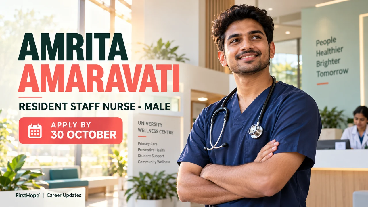 Amrita Amaravati Resident Staff Nurse male recruitment cover with a nurse and 30 October deadline.