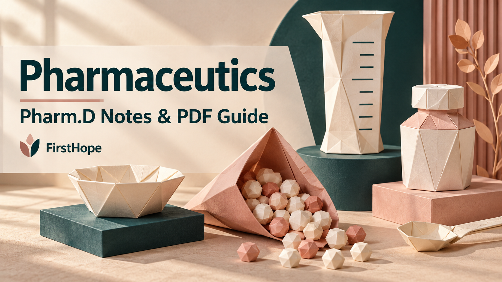 Origami formulation still life cover titled Pharmaceutics, with Pharm.D Notes & PDF Guide and FirstHope branding.