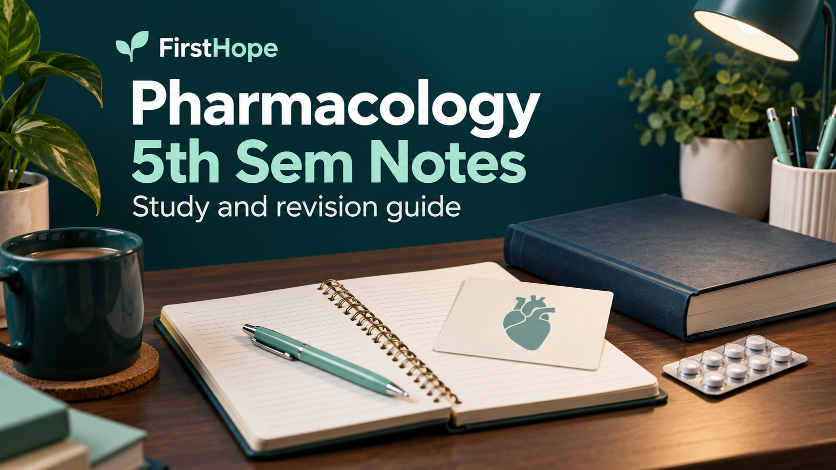 FirstHope Pharmacology 5th Sem Notes cover with a study notebook, heart illustration card and textbook.