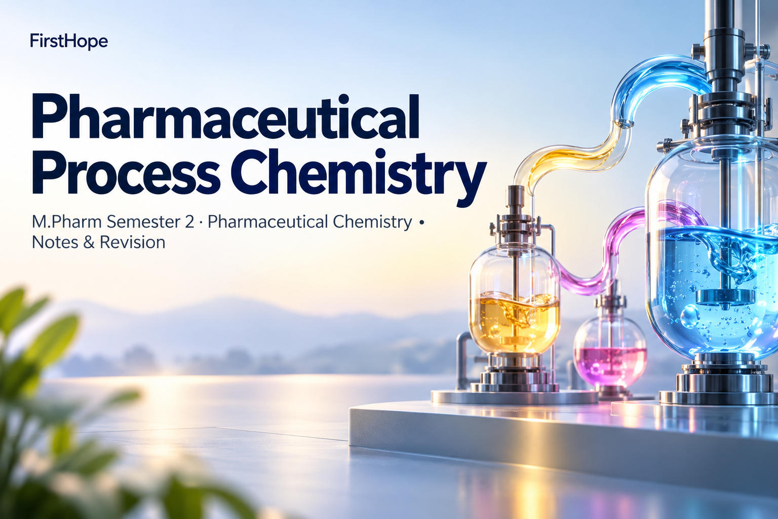 glass and light cover titled Pharmaceutical Process Chemistry, with M.Pharm Semester 2 · Pharmaceutical Chemistry Notes & Revision and FirstHope branding.