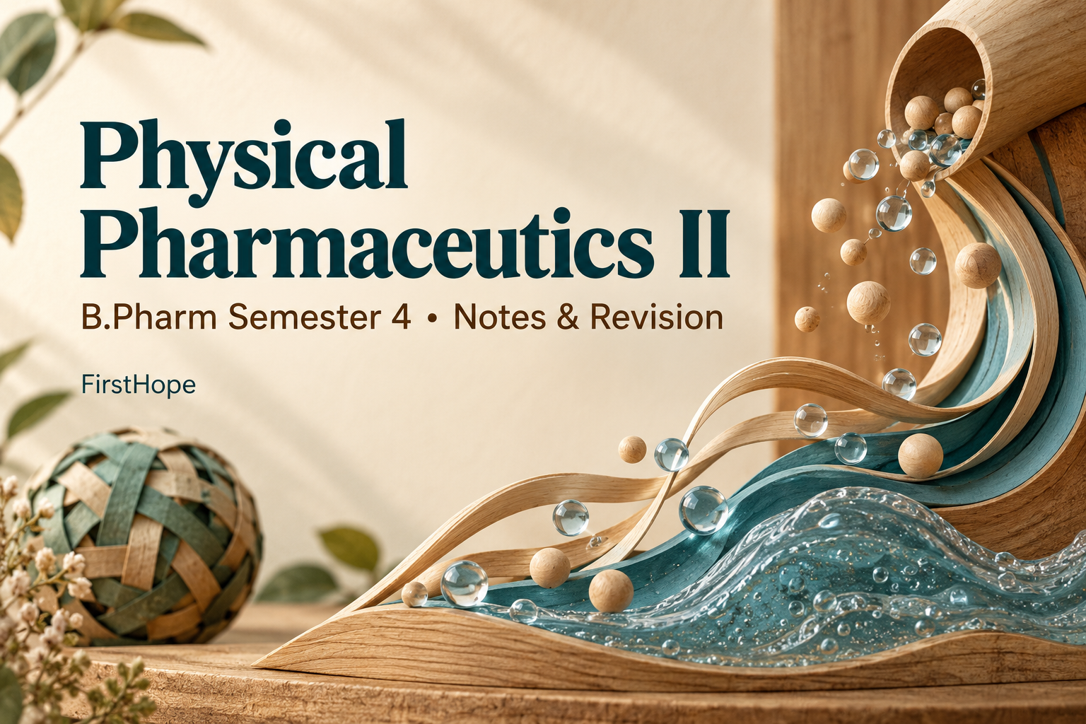 wood and woven paper cover titled Physical Pharmaceutics II, with B.Pharm Semester 4 Notes & Revision and FirstHope branding.