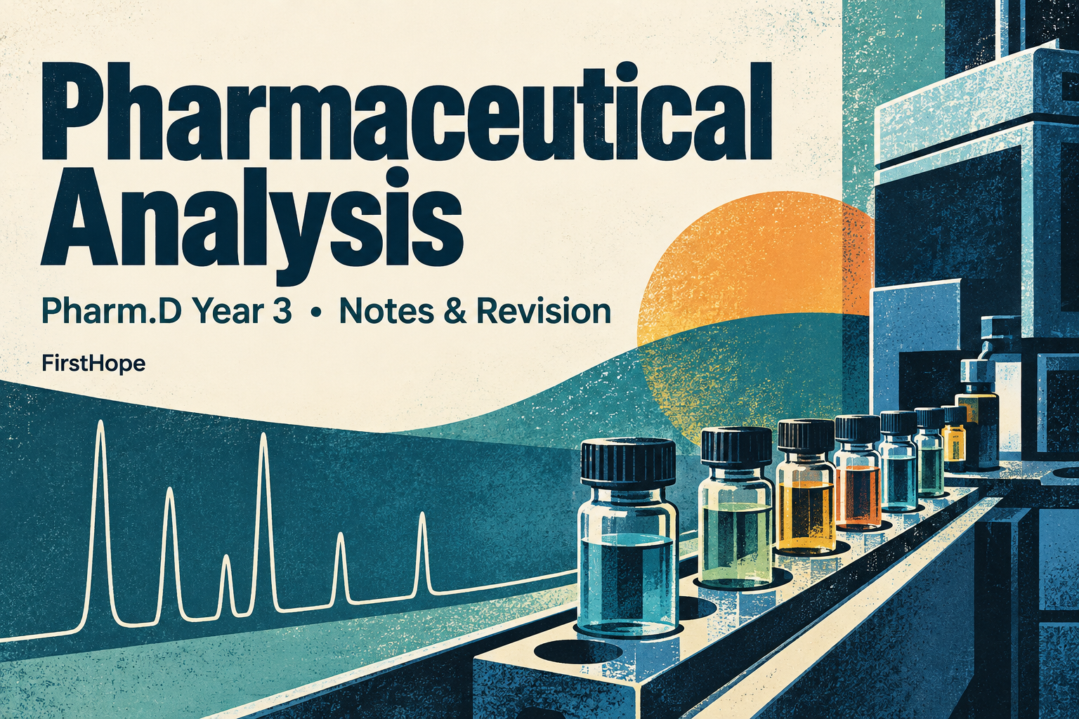 retro science print cover titled Pharmaceutical Analysis, with Pharm.D Year 3 Notes & Revision and FirstHope branding.