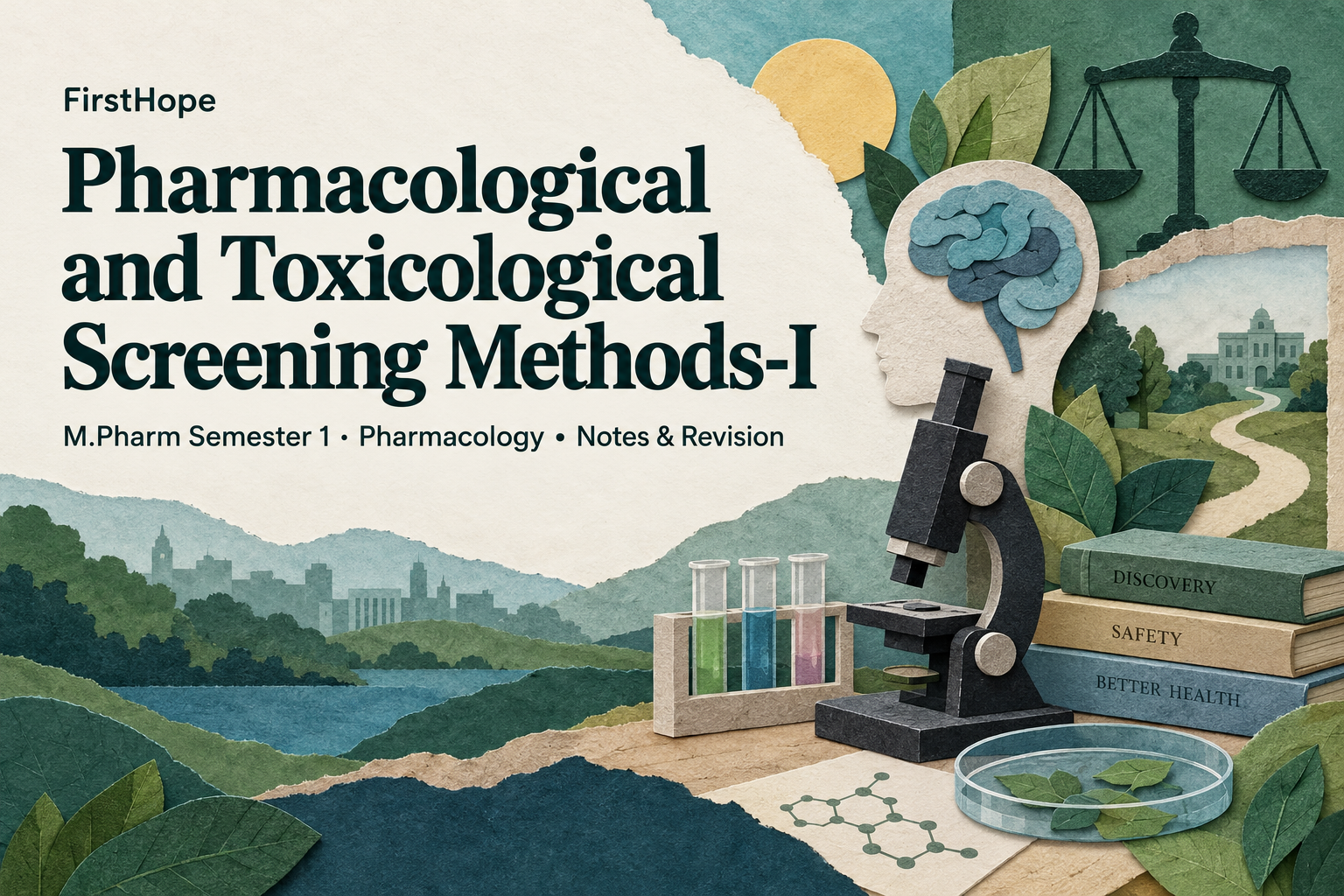 editorial collage cover titled Pharmacological and Toxicological Screening Methods-I, with M.Pharm Semester 1 · Pharmacology Notes & Revision and FirstHope branding.