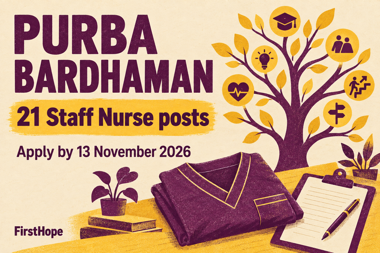 FirstHope healthcare career cover for Purba Bardhaman Staff Nurse Recruitment 2026: 21 Posts, showing the employer, job role and application or walk-in date in readable text.