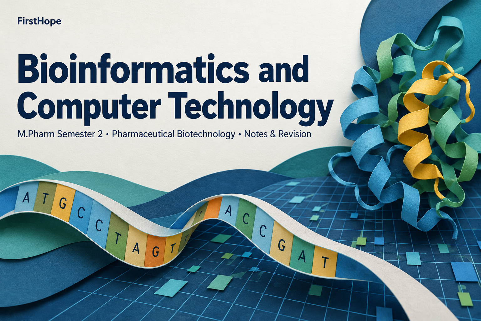 layered paper art cover titled Bioinformatics and Computer Technology, with M.Pharm Semester 2 · Pharmaceutical Biotechnology Notes & Revision and FirstHope branding.