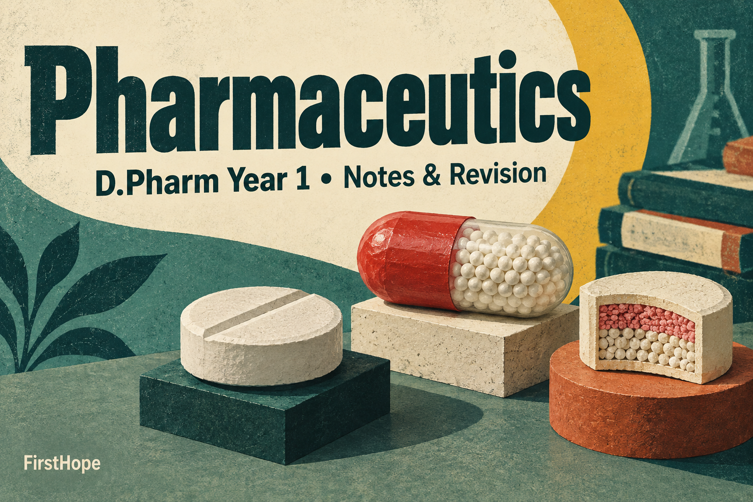 retro science print cover titled Pharmaceutics, with D.Pharm Year 1 Notes & Revision and FirstHope branding.