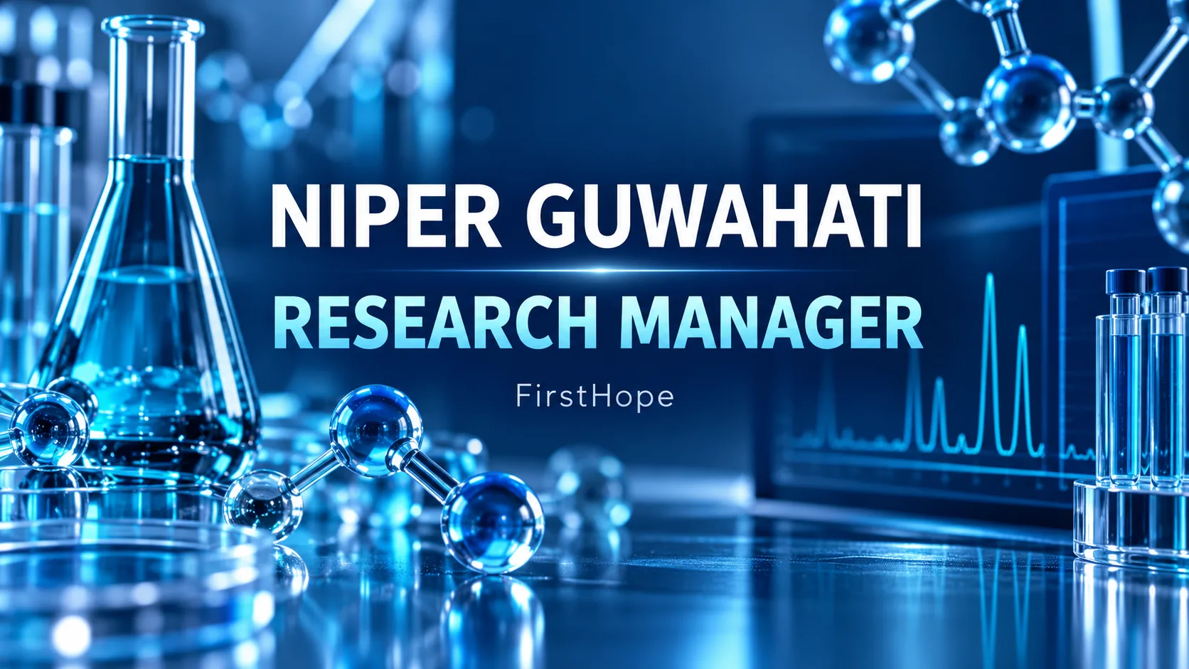 NIPER Guwahati Research Manager (Scientific) recruitment cover with clear text and a distinct editorial illustration, FirstHope.