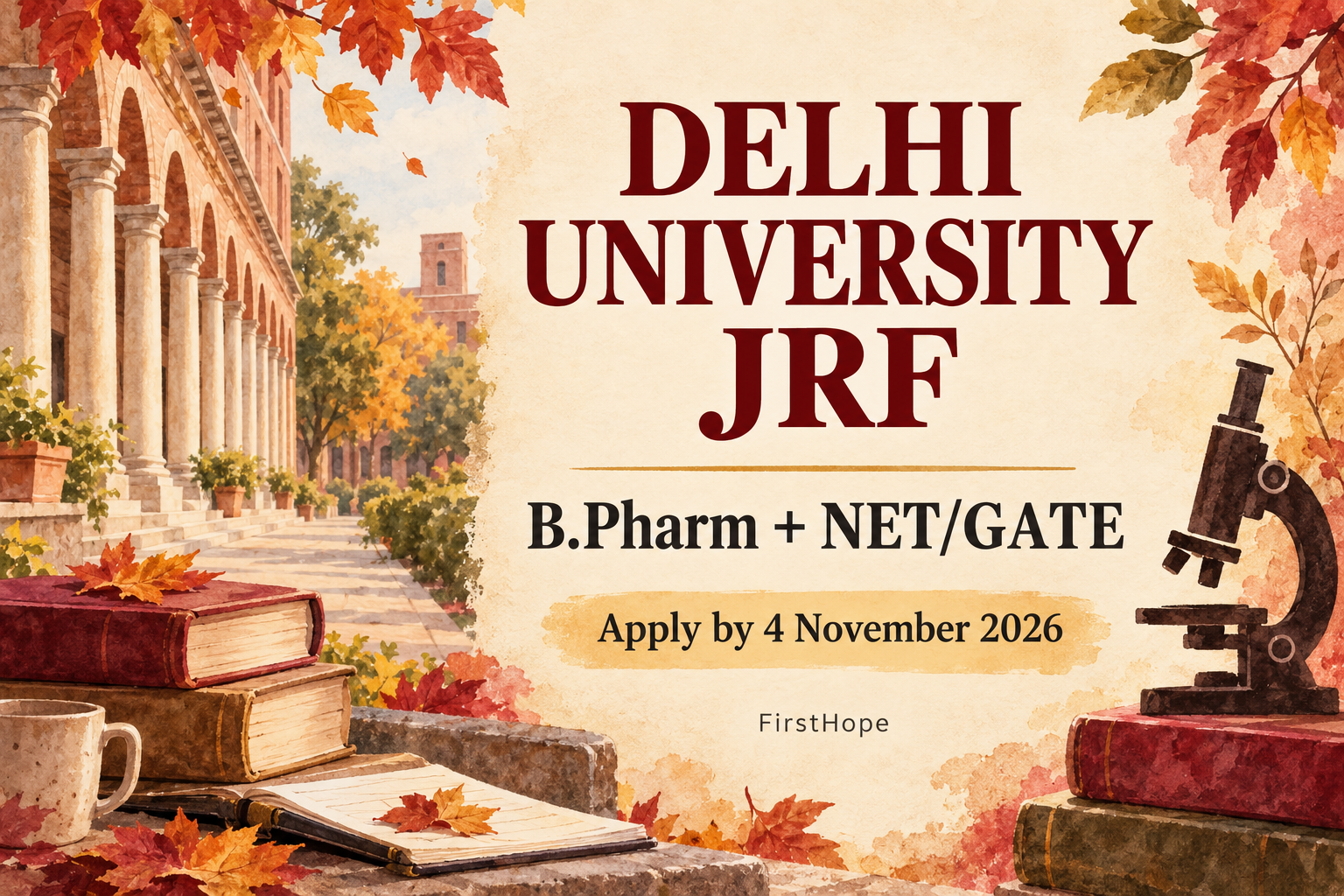 Autumn watercolor university and notebook cover reading Delhi University JRF, B.Pharm plus NET/GATE and Apply by 4 November 2026.