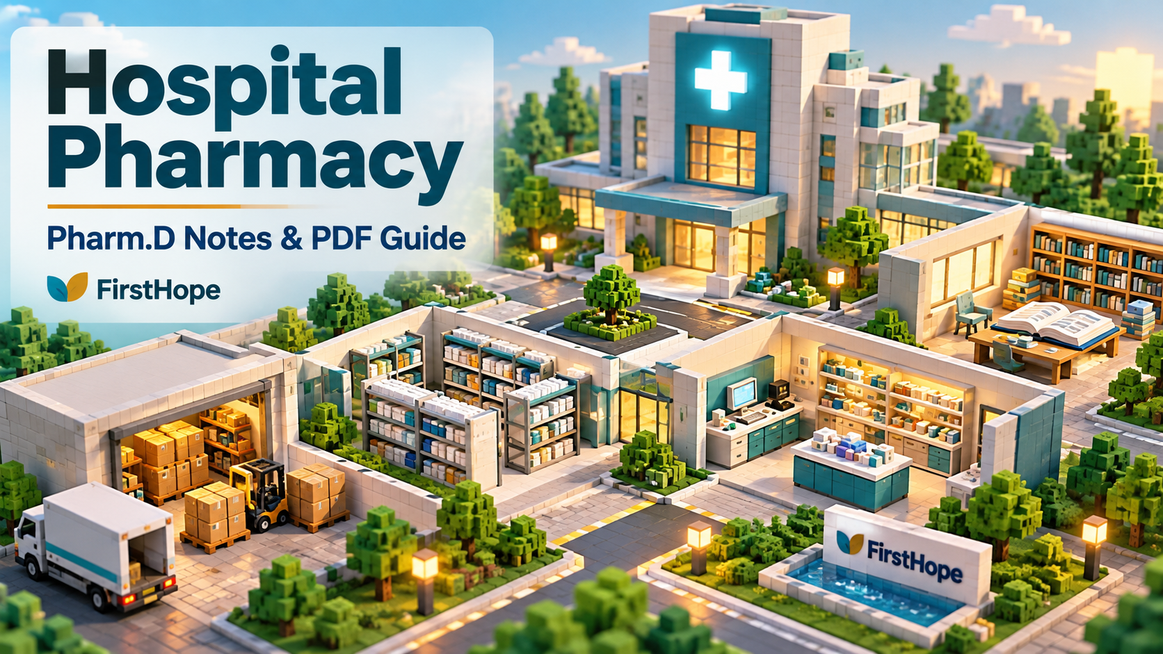 Voxel hospital campus cover titled Hospital Pharmacy, with Pharm.D Notes & PDF Guide and FirstHope branding.
