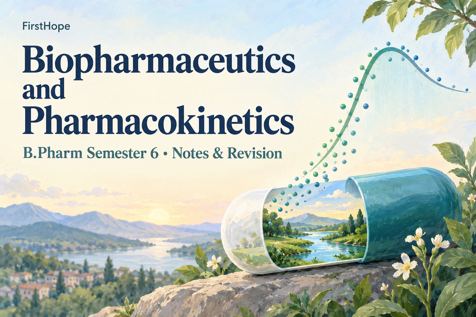 pastel gouache cover titled Biopharmaceutics and Pharmacokinetics, with B.Pharm Semester 6 Notes & Revision and FirstHope branding.