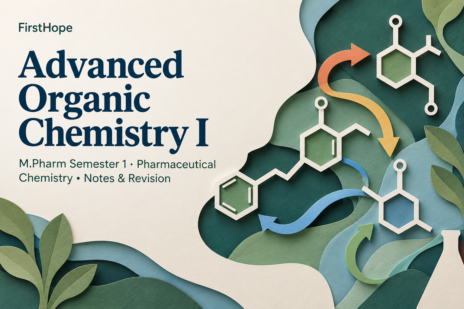 layered paper art cover titled Advanced Organic Chemistry I, with M.Pharm Semester 1 · Pharmaceutical Chemistry Notes & Revision and FirstHope branding.