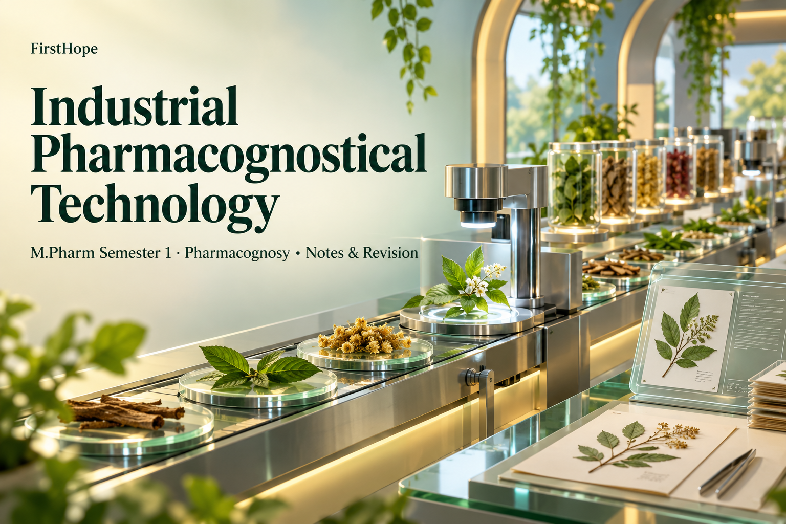 glass and light cover titled Industrial Pharmacognostical Technology, with M.Pharm Semester 1 · Pharmacognosy Notes & Revision and FirstHope branding.