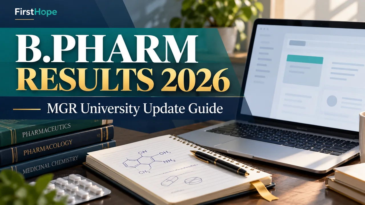 B.Pharm Results 2026 and MGR University Update Guide text beside a laptop and pharmacy study notebook.