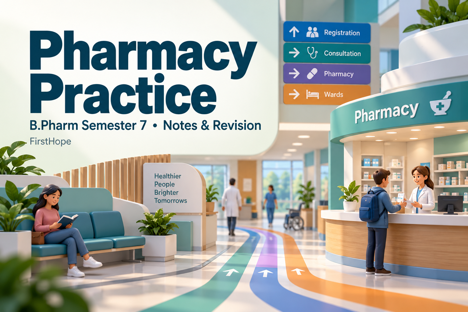 vivid 3D abstract cover titled Pharmacy Practice, with B.Pharm Semester 7 Notes & Revision and FirstHope branding.