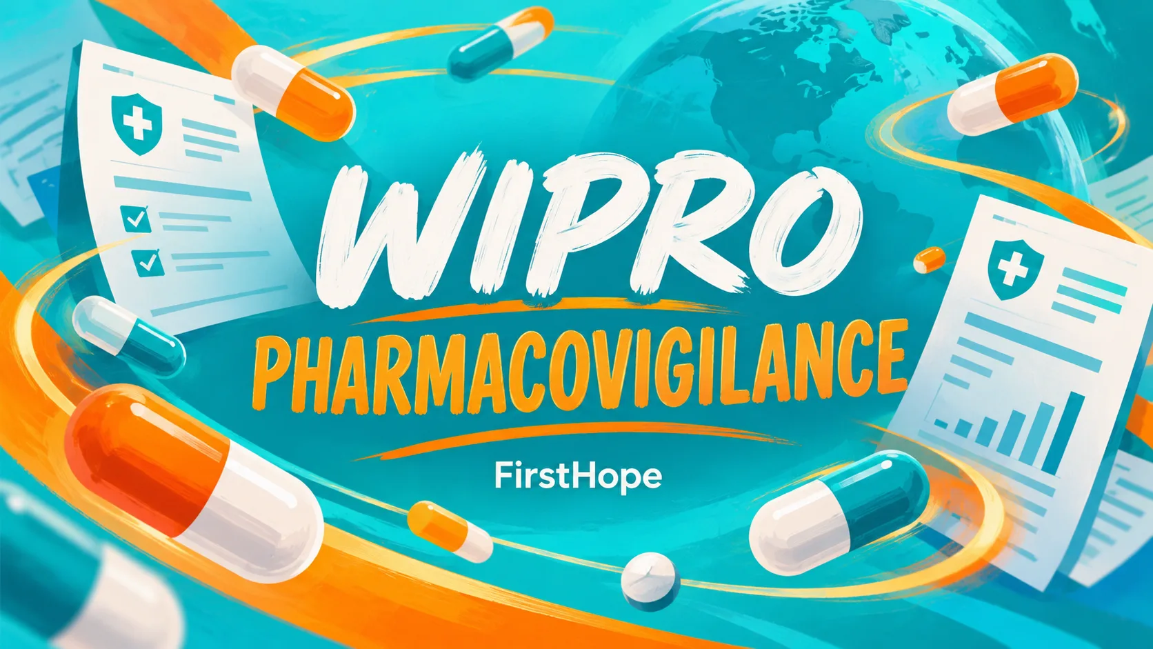 Wipro, Pune Production Specialist L1 — Pharmacovigilance recruitment cover with clear text and a distinct editorial illustration, FirstHope.