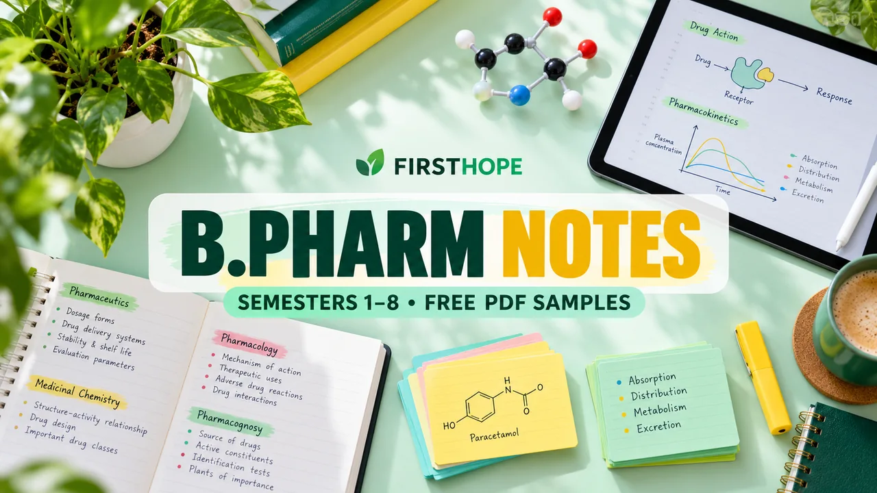 B.PHARM NOTES — SEMESTERS 1–8 AND FREE PDF SAMPLES with a revision notebook, tablet and study cards on a mint desk.