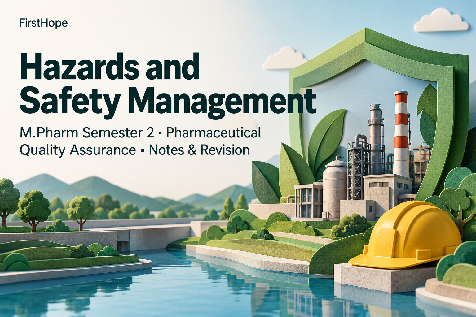 architectural model cover titled Hazards and Safety Management, with M.Pharm Semester 2 · Pharmaceutical Quality Assurance Notes & Revision and FirstHope branding.