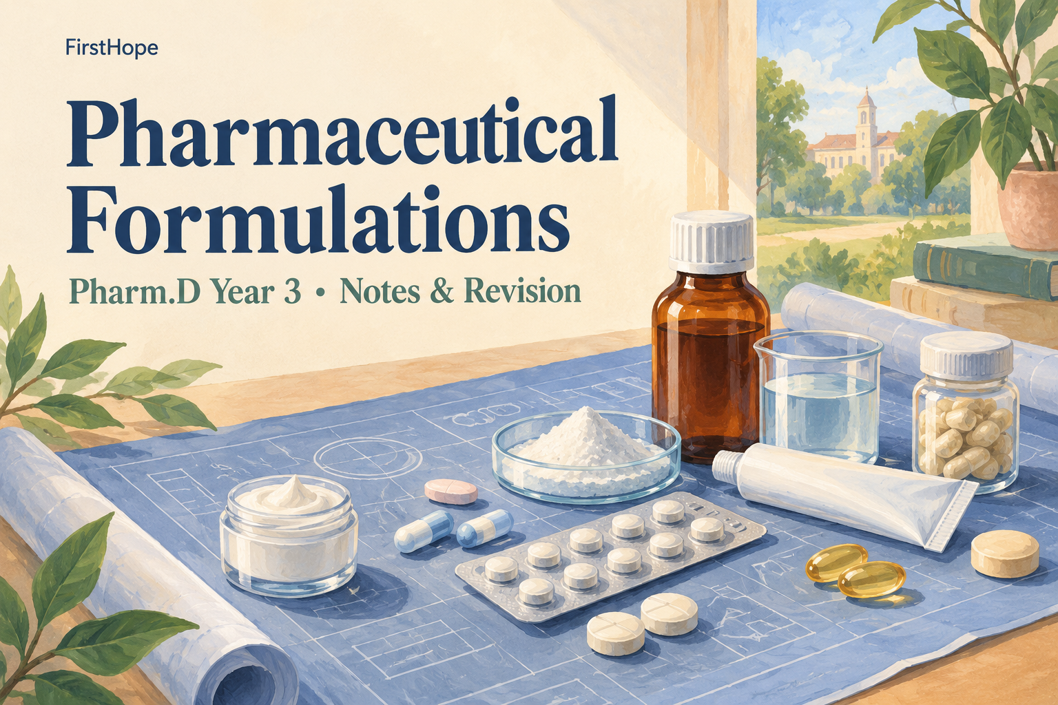 pastel gouache cover titled Pharmaceutical Formulations, with Pharm.D Year 3 Notes & Revision and FirstHope branding.