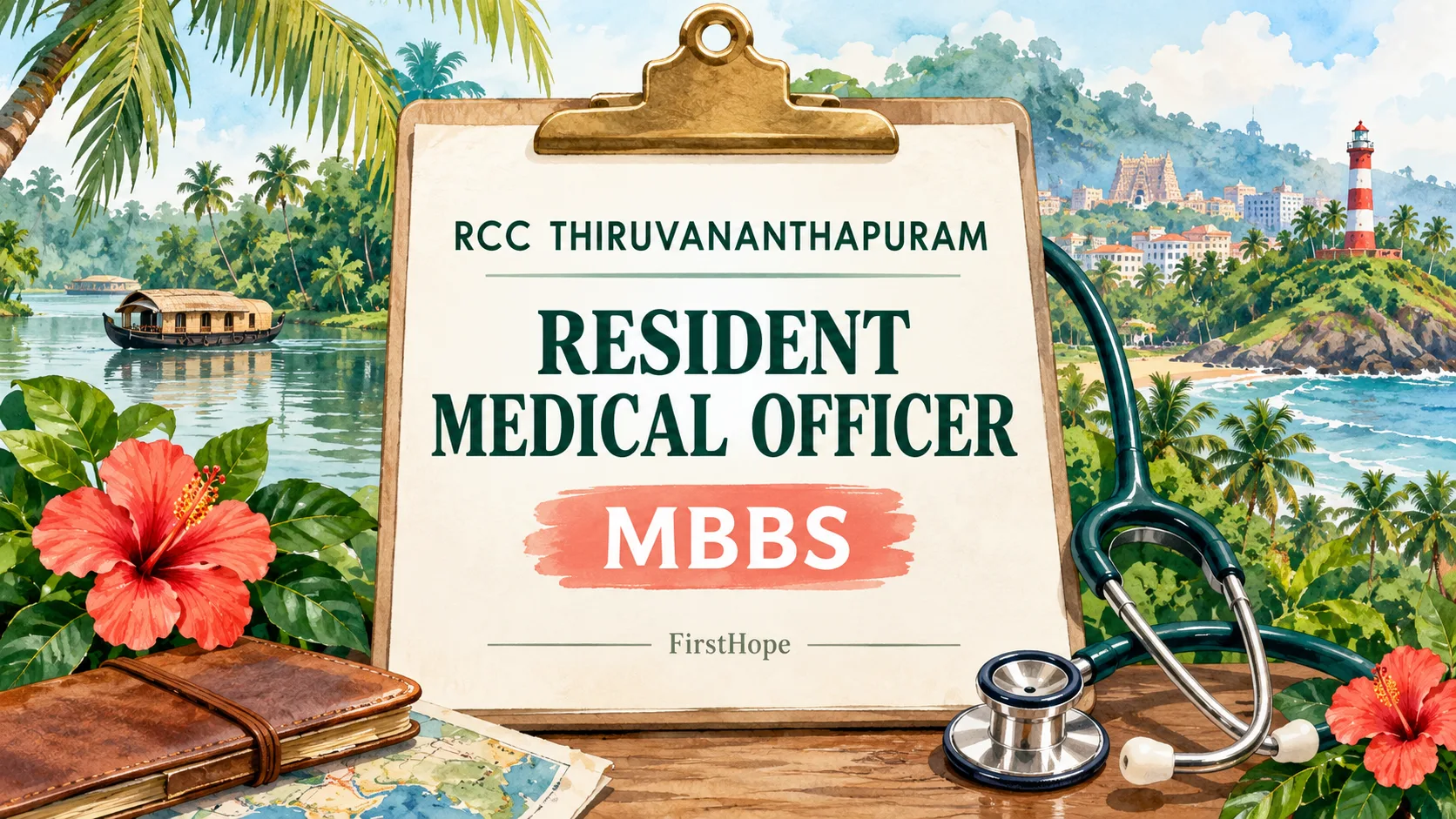 Regional Cancer Centre, Thiruvananthapuram Resident Medical Officer — Palliative Medicine recruitment cover with clear text and a distinct editorial illustration, FirstHope.