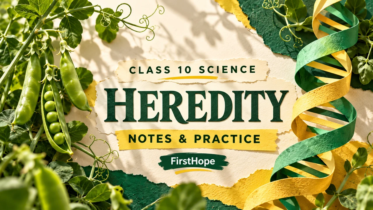 Class 10 Science Heredity notes and practice, with pea plants and a textured green and yellow DNA-inspired ribbon.