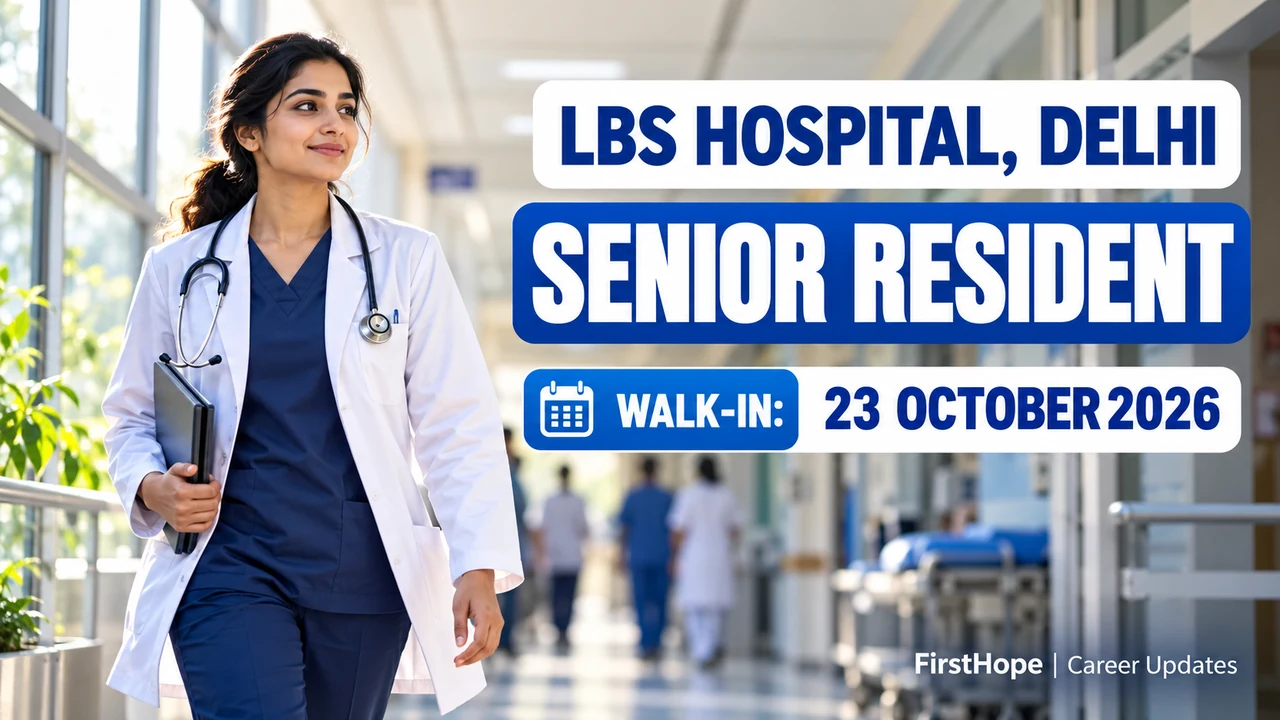 LBS Hospital Delhi Senior Resident recruitment graphic with a doctor and 23 October 2026 walk-in date.