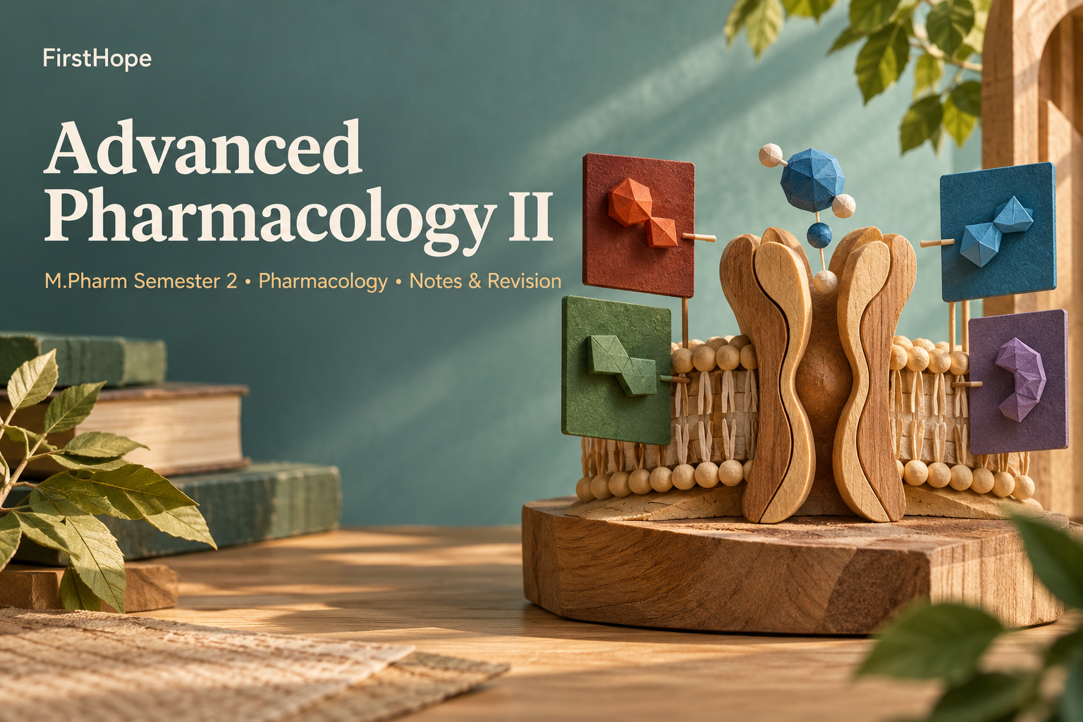 wood and woven paper cover titled Advanced Pharmacology II, with M.Pharm Semester 2 · Pharmacology Notes & Revision and FirstHope branding.