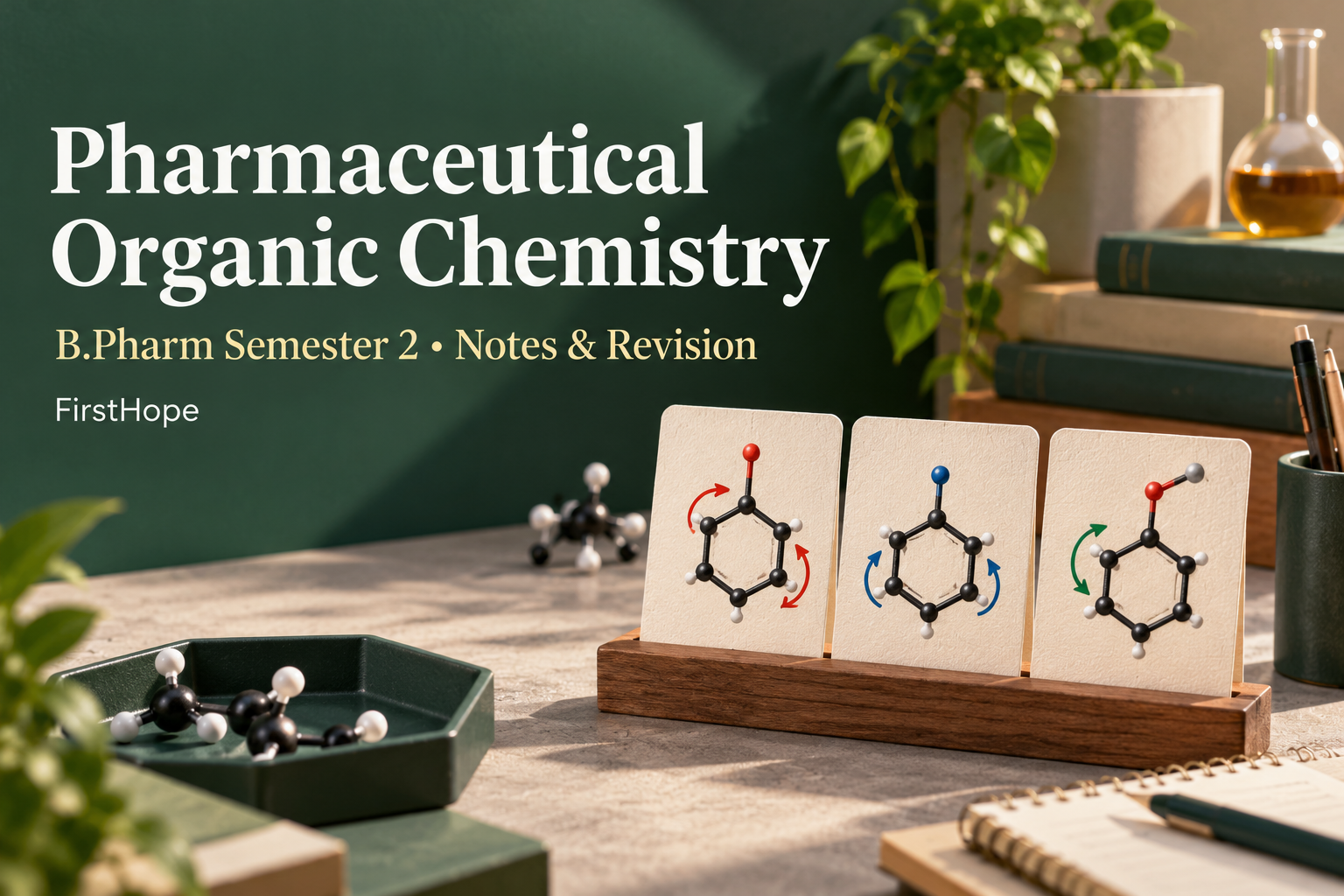 isometric miniature cover titled Pharmaceutical Organic Chemistry, with B.Pharm Semester 2 Notes & Revision and FirstHope branding.