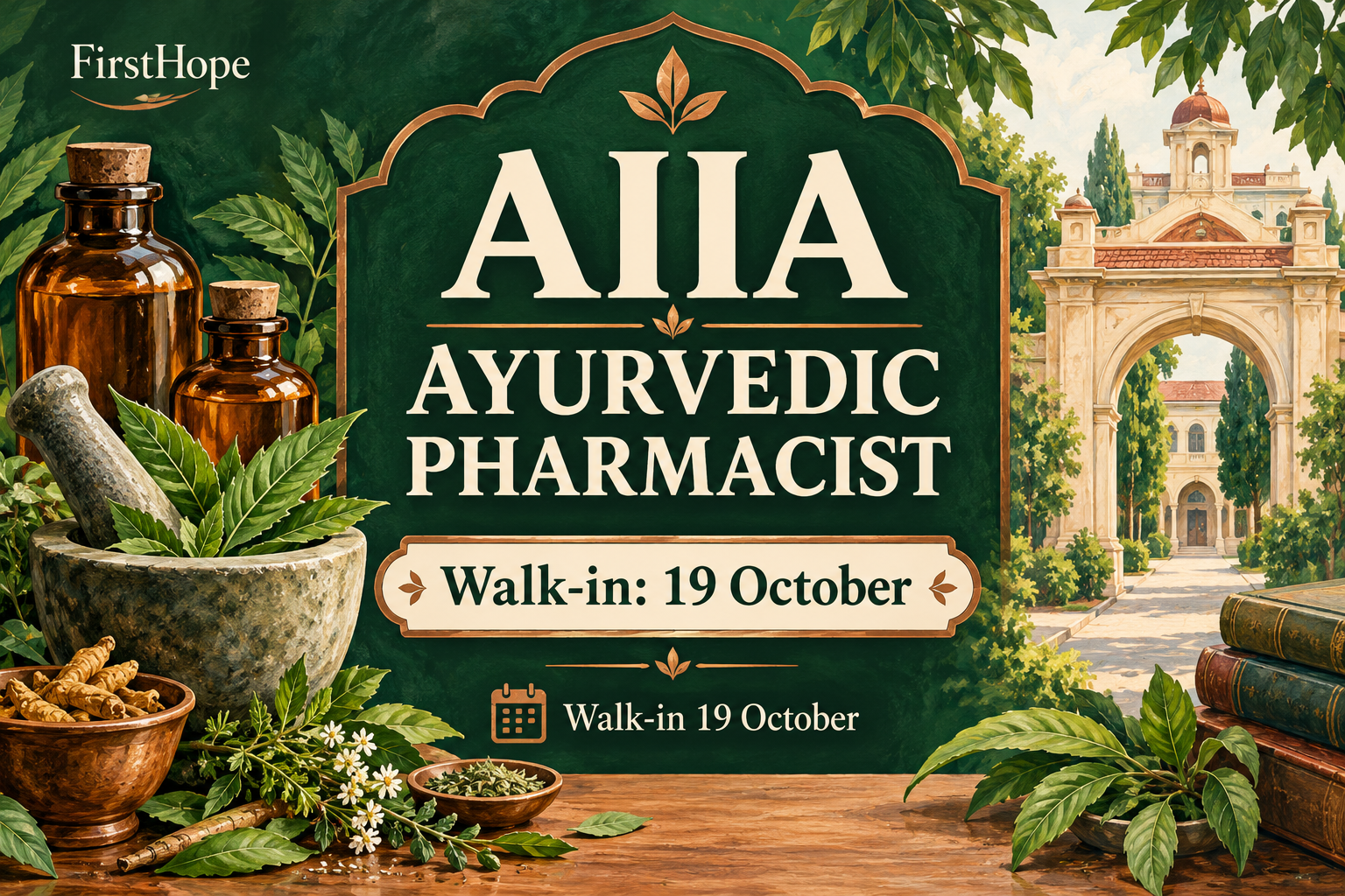 All India Institute of Ayurveda aiia ayurvedic pharmacist cover, with Walk-in: 19 October and interview date text.