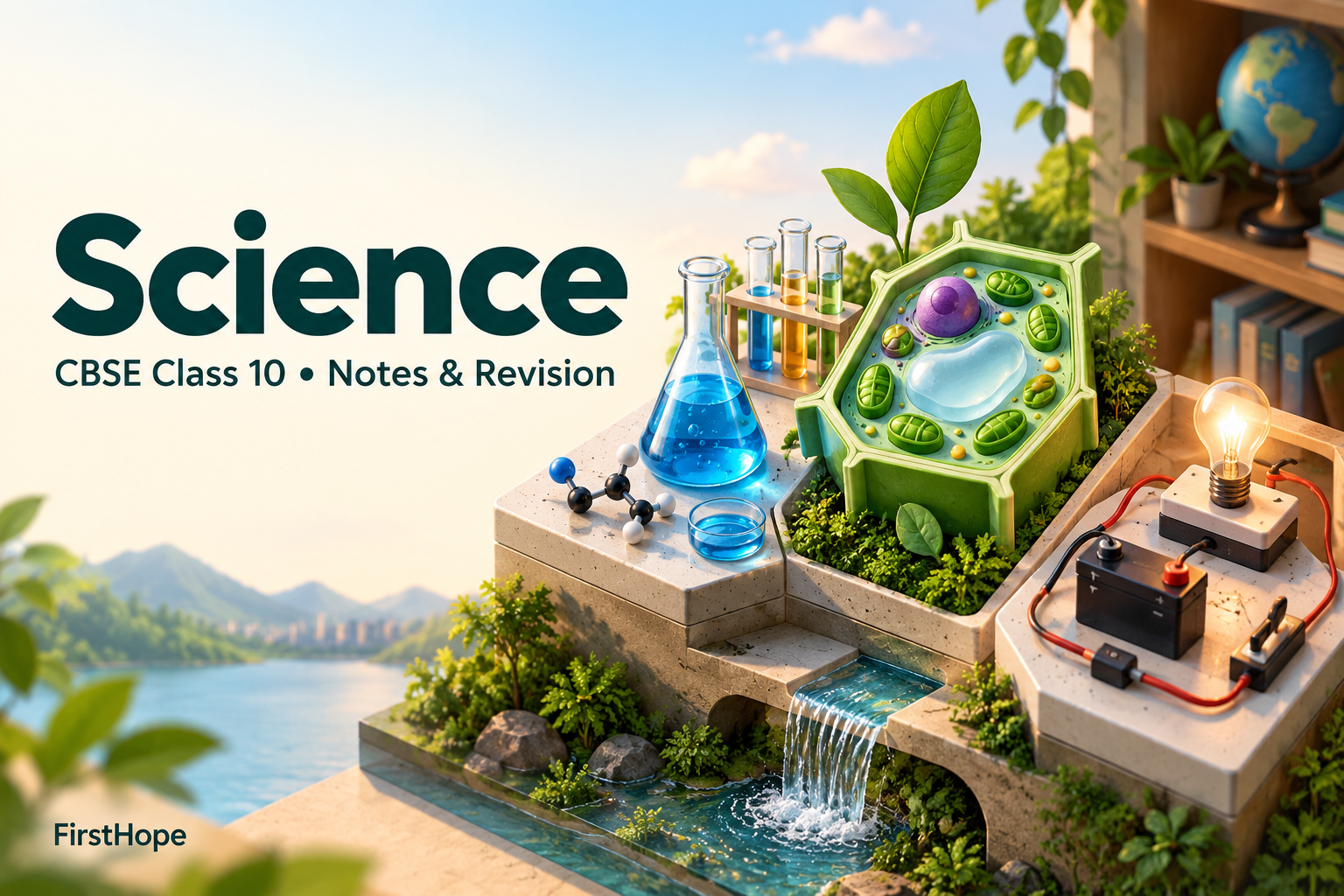 isometric miniature cover titled Science, with CBSE Class 10 Notes & Revision and FirstHope branding.