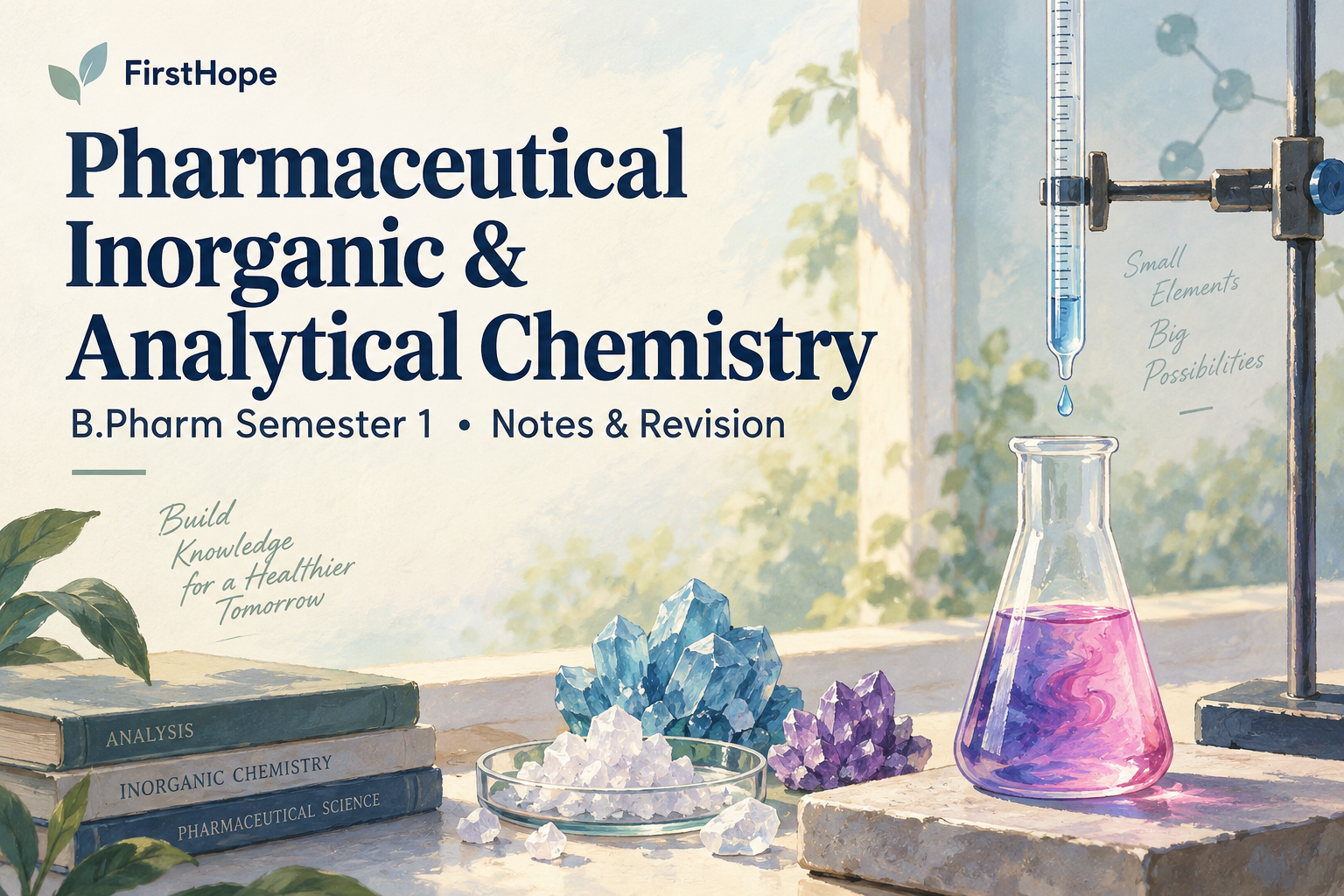 pastel gouache cover titled Pharmaceutical Inorganic & Analytical Chemistry, with B.Pharm Semester 1 Notes & Revision and FirstHope branding.