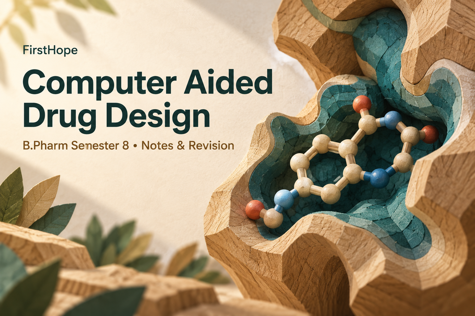 wood and woven paper cover titled Computer Aided Drug Design, with B.Pharm Semester 8 Notes & Revision and FirstHope branding.
