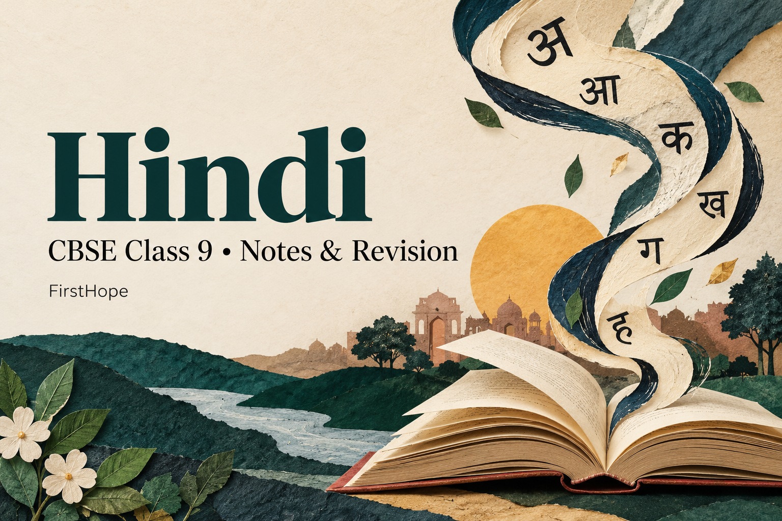 editorial collage cover titled Hindi, with CBSE Class 9 Notes & Revision and FirstHope branding.