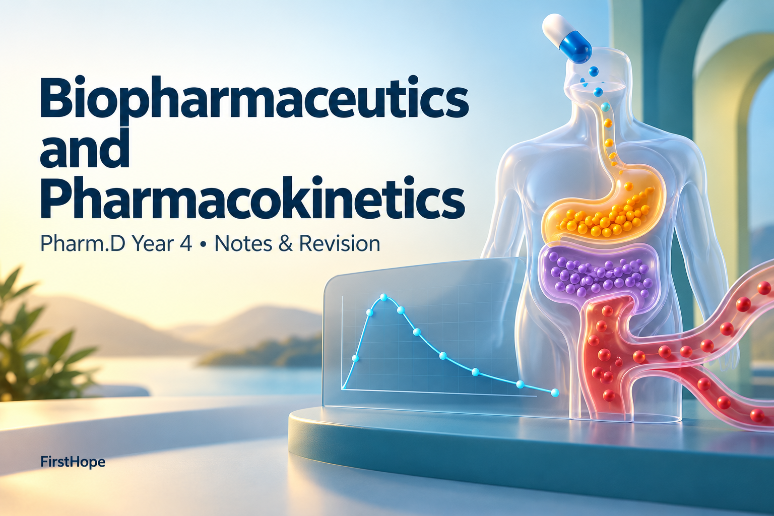 vivid 3D abstract cover titled Biopharmaceutics and Pharmacokinetics, with Pharm.D Year 4 Notes & Revision and FirstHope branding.