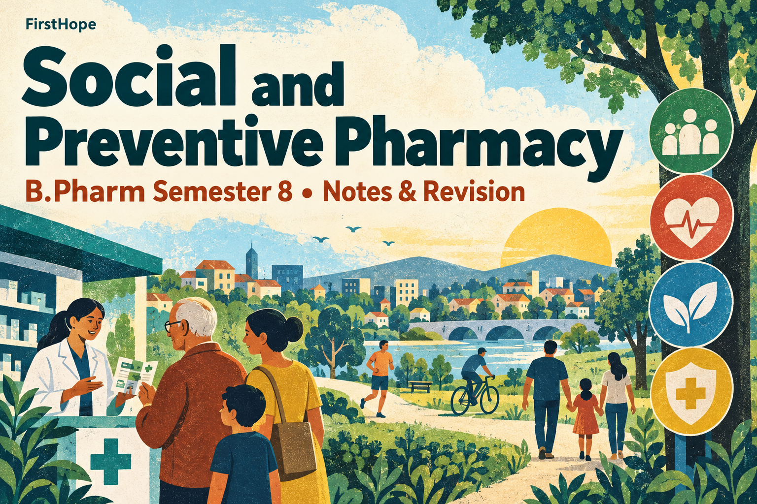 retro science print cover titled Social and Preventive Pharmacy, with B.Pharm Semester 8 Notes & Revision and FirstHope branding.